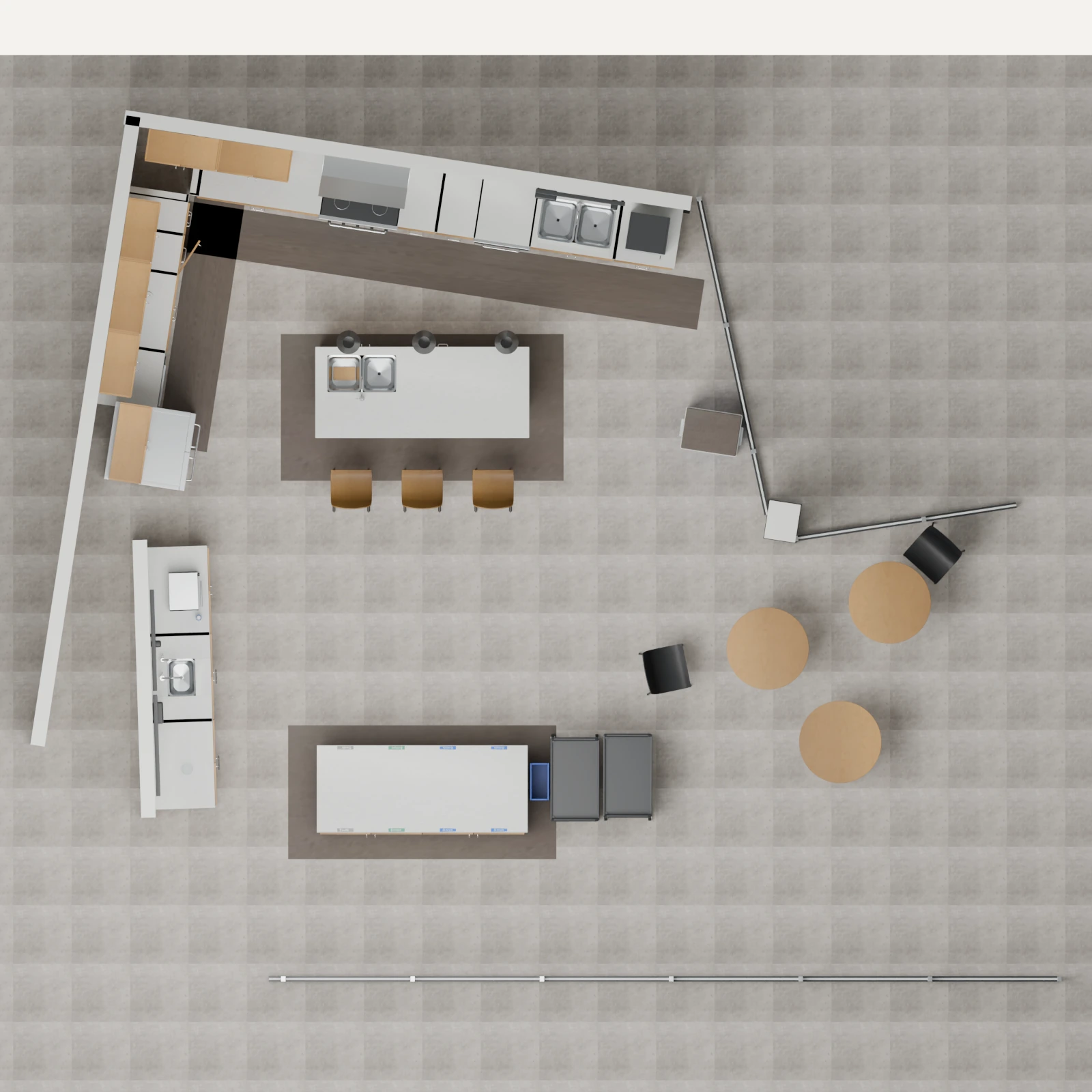 Overhead reconstruction from handheld video, showing the kitchen layout and island.