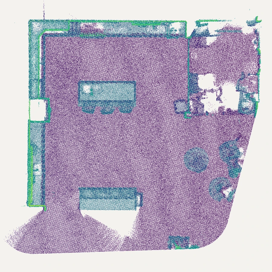 Top-down measured SLAM point cloud in the same orientation and scale as the G1 reconstruction. Colors indicate height.
