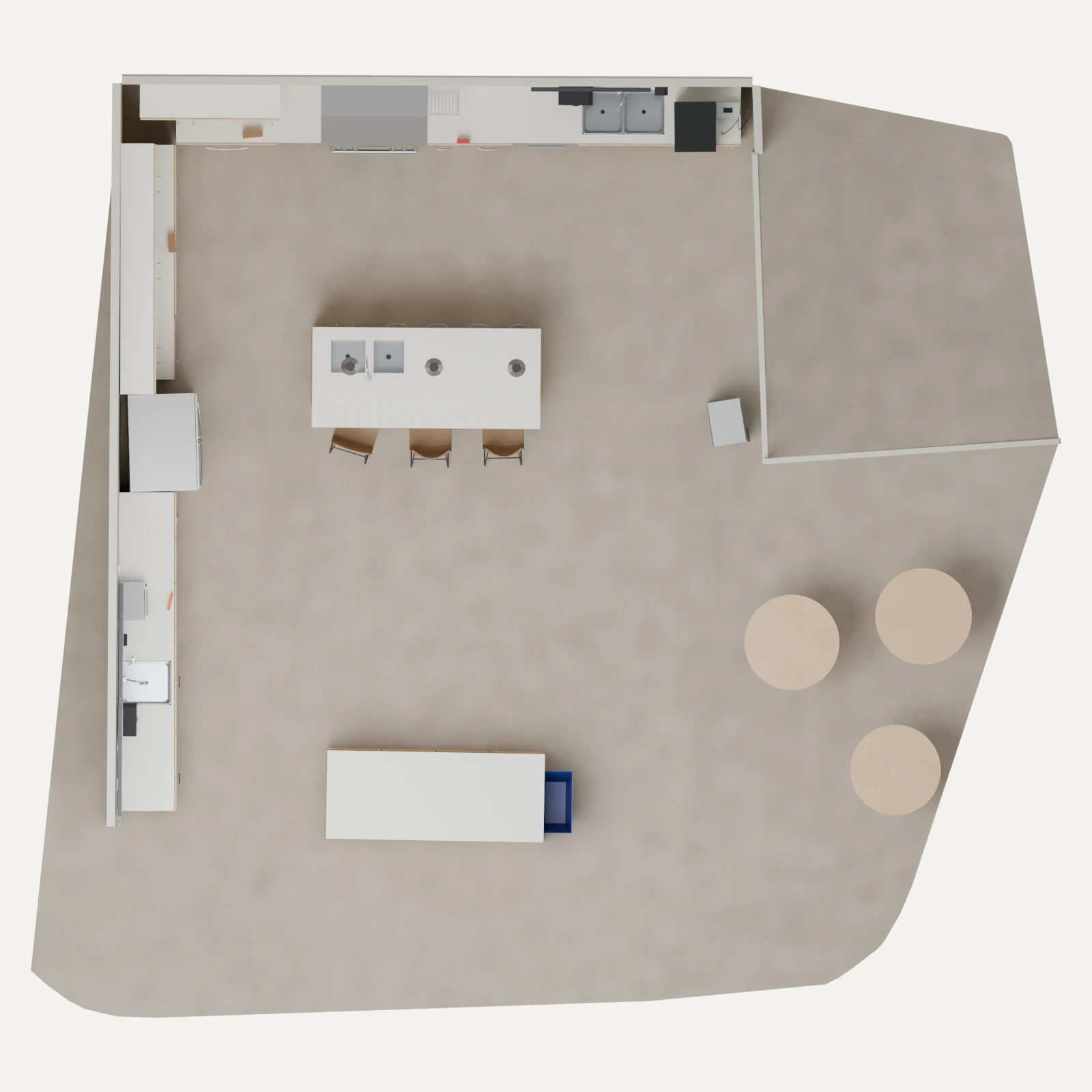 Overhead reconstruction grounded in G1 exploration and SLAM, showing the kitchen layout and island.